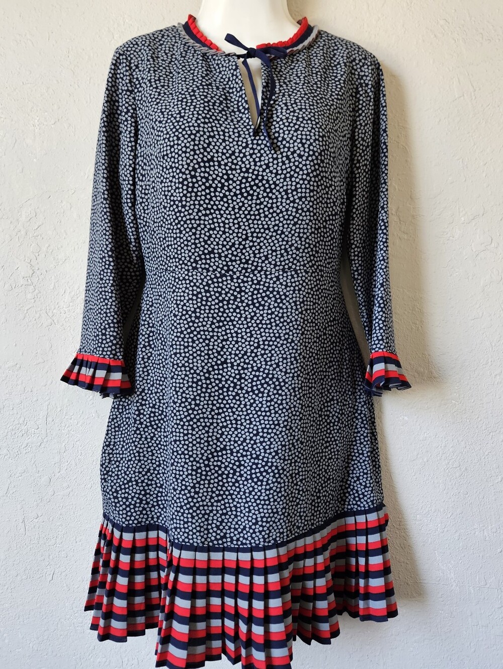 Boden Navy Polka Dot Long-Sleeve Dress with Red & White Trim